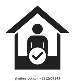 A person standing inside a house with a checkmark verification symbol indicating approval or confirmation