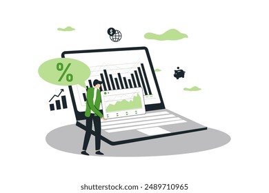 Person standing with laptop working and looking at financial and business diagram and graph