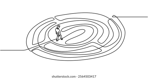 Person standing in a maze in continuous line drawing. Representing confusion, life challenges, and the search for direction. Vector illustration hand drawn.