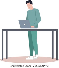 A person is standing at a modern desk, working on a laptop. The setup includes a standing desk, creating an ergonomic and contemporary workspace