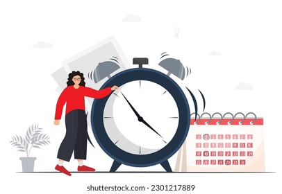 Person standing near alarm clock, planning schedule, planning business event at the calendar, organizing meeting., planning strategy and time management, flat vector illustration