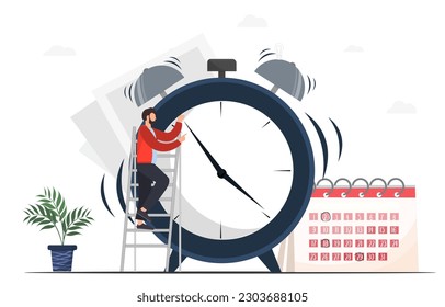 Person standing near alarm clock, planning schedule, planning business event at the calendar, organizing meeting., planning strategy and time management, flat vector illustration