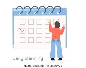 Person standing near calendar, daily planning, time management concept, planning events and deadline concept, flat vector illustration