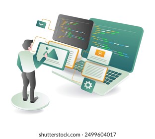 A person standing near a laptop with coding displayed
