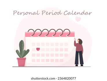 Person standing near personal period calendar, calendar for menstruation control and pregnancy planning, woman holding mobile phone scheduling period with marked days, women cycle tracker