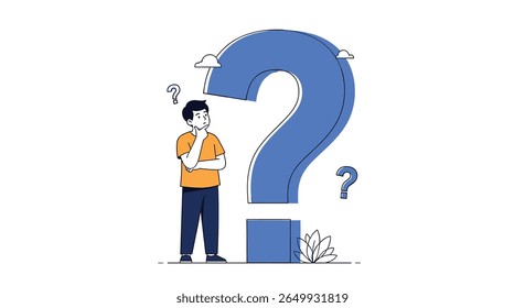 A person standing next to a giant blue question mark symbol contemplating a difficult problem