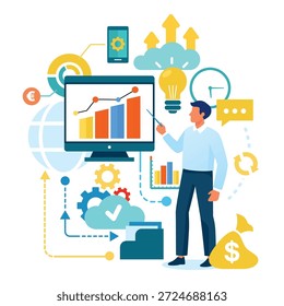 Persona de pie junto a la Grande pantalla que muestra el gráfico con barras crecientes. Varios iconos que representan herramientas para los negocios, incluyendo engranajes, bombillas y bolsas de dinero, ilustrando el crecimiento y el análisis