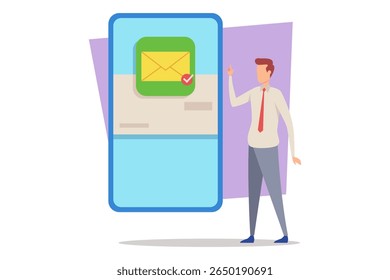 Person standing next to large smartphone displaying message notification on screen. Man gesturing positively, suggesting communication or interaction with device