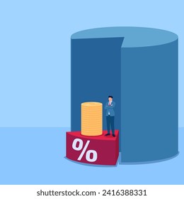person standing next to a pile of coins with a percent symbol, a metaphor for stock dividends. Simple flat conceptual illustration.