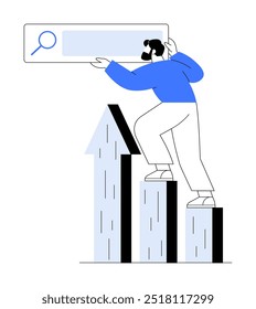 Person standing on bar graph holding magnifying glass. Ideal for business growth, search optimization, analytics, progress tracking, data visualization. Simple modern flat style.