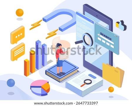 A person standing on books surrounded by charts, documents, a magnifying glass, search bars, and digital icons, in isometric style on a light background. Vector illustration