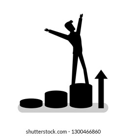 Person standing on circle step with hands up, rising up arrow. Black silhouette of climbing human, portrait view, growth and progress, shadow vector