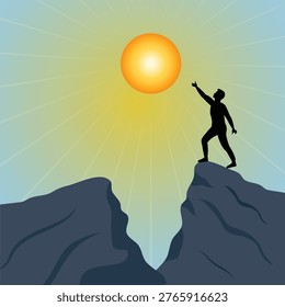 A person standing on a cliff reaching toward the sun . Concept of motivation, new beginning, success, and taking action toward goals.