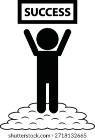 person standing on cloud holding success sign celebrating achievement