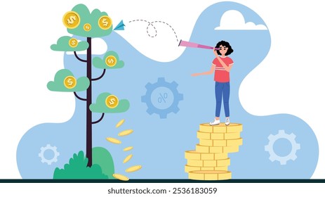 Una persona de pie sobre pilas de monedas utiliza un telescopio para observar un árbol del dinero, que simboliza el crecimiento financiero y la visión. Las monedas caen del árbol en una pila.