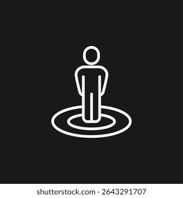 Person Standing on Concentric Circles on Black Background, Representing User Location or Presence, White Outline Icon