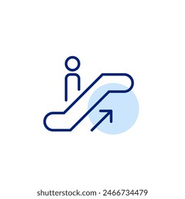 Person standing on escalator going up. Vertical moving stairs. Pixel perfect, editable stroke icon