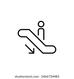Person standing on escalator going down. Vertical moving stairs. Pixel perfect vector icon