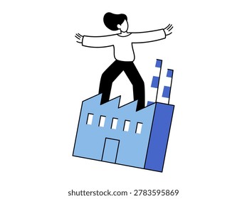 Person standing on a factory vector illustration. Industrial management, business leadership, career growth, manufacturing success, environmental control, corporate power. Human on a plant