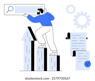 A person standing on a growth chart holding a search bar. Ideal for business development, SEO, digital marketing, analytics, and success measurement. Modern, clean style