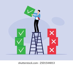 Persona de pie en la escalera mientras apilaba marcas de verificación verdes y cruces rojas Ilustración vectorial plana 2d