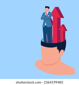person standing on a large head next to an upward arrow, a metaphor of a growing mind