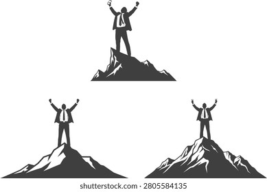 Person Standing on Mountain Peaks with Arms Raised, Silhouette Vector Logo Style for Travel Inspiration