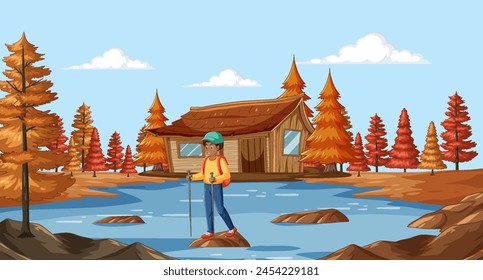Person standing on a pier near a wooden cabin