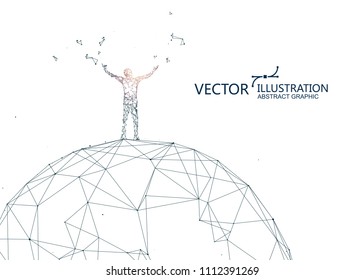 A person is standing on the sphere, conceptual graphic design.