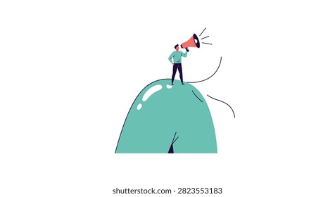 Person standing on top of large green hill holding red megaphone and shouting to make a public announcement.
