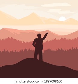 A person standing on top of the mountain pointing at the setting sun rising sun 2D Flat simple vector illustration of success and freedom following dreams climbing business mountains and never give up