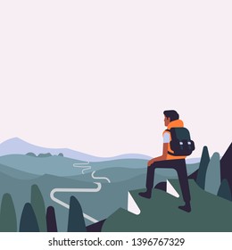 Person standing on verge of mountain observing road ahead vector illustration with copy space