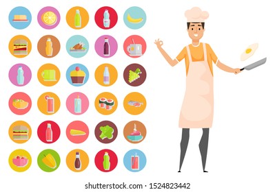 Person standing with pan and frying pan vector, hobby person with ingredients. Sushi and juice, broccoli and salmon, pepper and sauce, chicken meal. Masterchef with food icons. Smile chef. Flat style