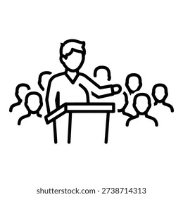 Person standing at a podium addressing an audience of four people isolated on white background, Vector
