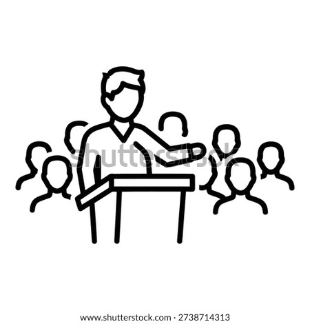 Person standing at a podium addressing an audience of four people isolated on white background, Vector
