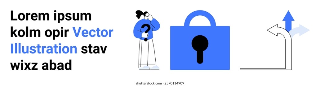 Person standing with a question mark, a large blue lock, and arrow signs in the background. Ideal for online security, decision making, problem-solving, data protection, website banners. Banner