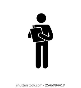 A person standing taking notes or checking his notes.