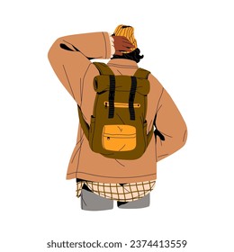 Person standing, thinking, make decision, scratch head back view. People travel with backpack, bag. Tourist in warm autumn camping, hiking outfit. Flat isolated vector illustration on white background
