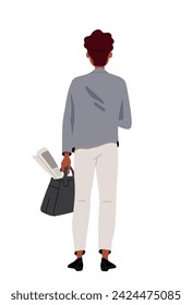 Person standing turned backside. Man in grey shirt and white pants. Character go away in casual clothes. Poster or banner. Cartoon flat vector illustration isolated on white background