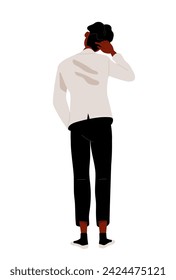 Person standing turned backside. Man in white and black suit. Character go away in buainess clothes. Poster or banner. Cartoon flat vector illustration isolated on white background