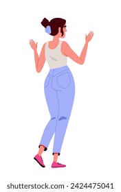 Persona de pie mirando hacia atrás. Mujer con pantalones azules y camiseta blanca. El carácter se va con ropa informal. Afiche o pancarta. Dibujo vectorial plano de dibujos animados aislado en fondo blanco