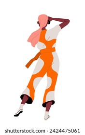 Person standing turned backside. Woman in stylish orange and white overall. Character go away in casual clothes. Poster or banner. Cartoon flat vector illustration isolated on white background