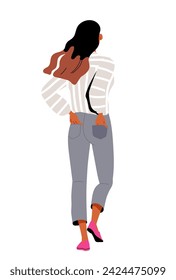 Person standing turned backside. Woman in grey pants and white shirt. Character go away in casual clothes. Fashion and style. Cartoon flat vector illustration isolated on white background