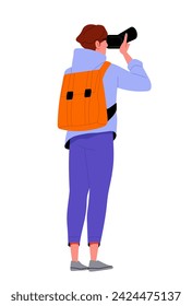 Person standing turned backside. Woman stand with camera. Character go away in casual clothes. Graphic element for website. Cartoon flat vector illustration isolated on white background