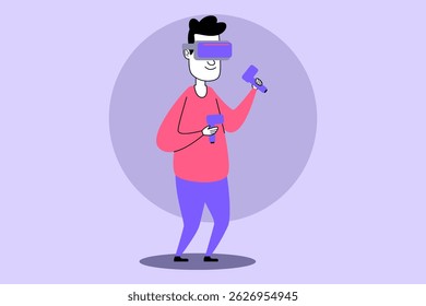 Person standing with virtual reality goggles and controllers, exploring vibrant virtual world. Modern technology concept