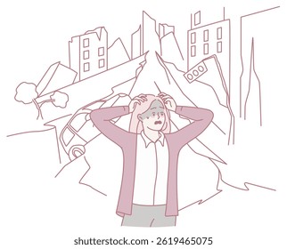 A person stands alone amid urban destruction, expressing shock and despair at the devastation around them