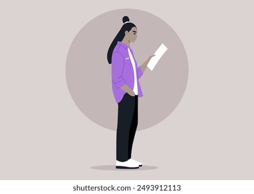 A person stands alone, engrossed in reading a letter, a serene and introspective moment