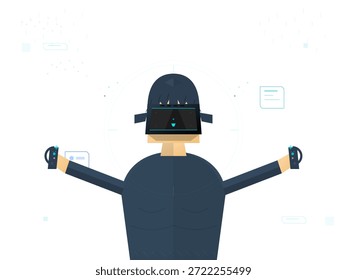 A person stands with arms extended while wearing a virtual reality headset. They hold controllers in each hand and engage with digital elements around them. The setting shows a focus on technology.