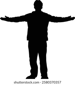 A person stands with arms outstretched in a welcoming gesture. Black silhouette against white background.