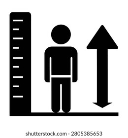 A person stands beside a height chart with an upward arrow indicating growth or increase in height, symbolizing development or progress